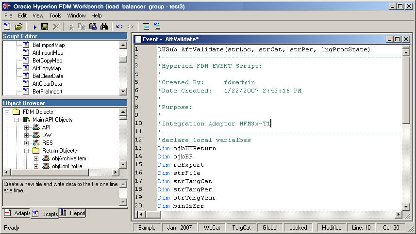 The image shows the FDM script editor screen. The left pane includes a list of all FDM events and the object browser. The right pane contains a script for the AftValidate event.
